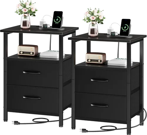 Miniatura 22 de Vagusicc Nightstand with Charging Station, End Table Bedside Table with 2 Fabric Drawers, Black Night Stand with USB Ports & Outlets, 24.2" Tall Bed