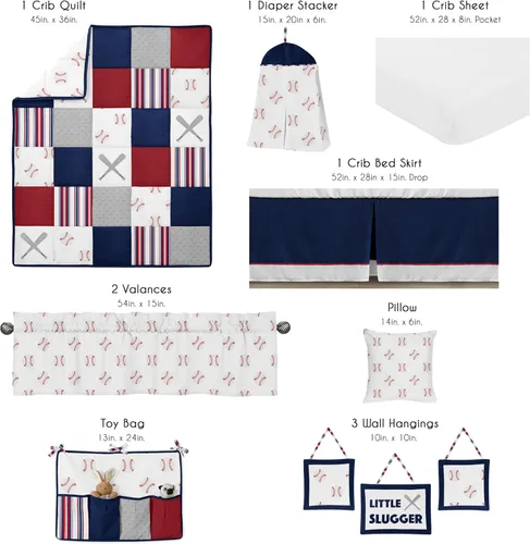 Miniatura 2 de Sweet Jojo Designs Juego de ropa de cama para cuna de bebé de 11 piezas (parche deportivo de béisbol) para niños, bebés/guardería, incluye manta