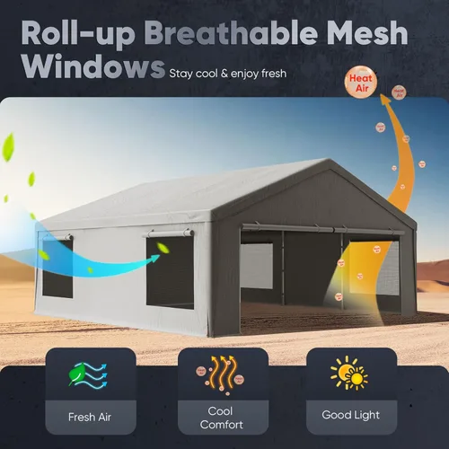 Miniatura 7 de Quictent Cochera resistente para 2 autos de 20 x 20 pies, refugio de almacenamiento impermeable con puertas laterales con cremallera, cables de Gris