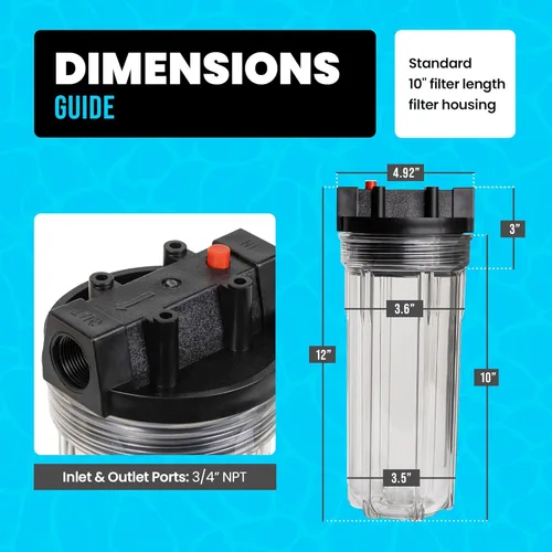 Miniatura 3 de Sistema de filtro de agua fría, carcasa de 10 pulgadas con puertos NPT de 3/4 pulgadas, filtros plisados de 1 × 50 micrones, kit de montaje y llave