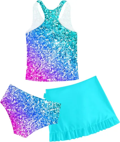 Miniatura 48 de Traje de baño tankini de 3 piezas para niñas, lindo bikini con salida de baño con falda de playa de 5 a 16 años
