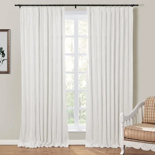 TWOPAGES - Cortina plisada de blanco cálido con mezcla de lino, cortina con forro para filtrar la luz, cortina texturizada de lino para ventana