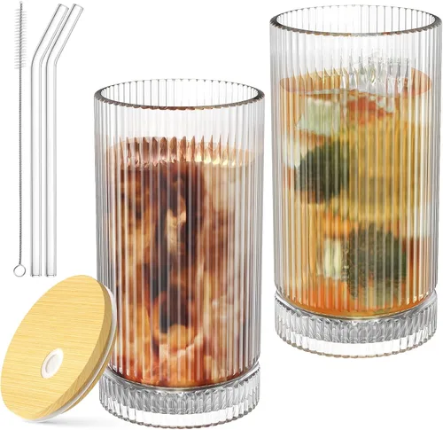 Miniatura 9 de CWHHRN Vasos de vidrio de 15 onzas con pajitas, cristalería vintage para whisky, cóctel, cerveza, tazas de café helado y vasos para beber