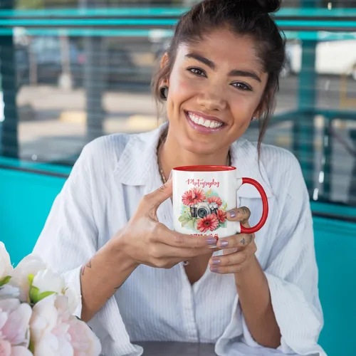 Miniatura 5 de Taza de café personalizada para fotógrafo, cámara con flores de gerbera, taza de té personalizada con nombre, regalo para amantes de la fotografía