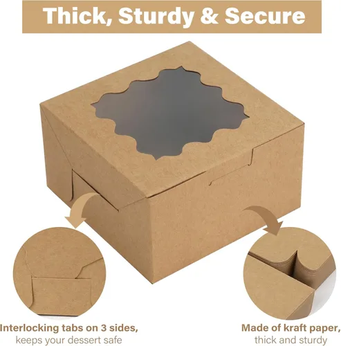 Miniatura 3 de LotFancy 60 cajas de panadería marrones con ventana, 4 x 4 x 2.5 pulgadas, cajas pequeñas para galletas, mini cajas de golosinas para mini pasteles