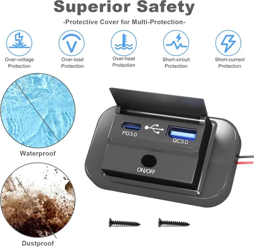 Miniatura 4 de Vadaxx 2 salidas USB RV de 12 V con interruptor de alimentación, 54 W Dual PD3.0 Tipo-C y carga rápida QC3.0 USB-A Panel de montaje en pared