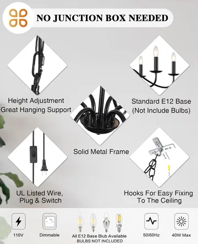 Miniatura 7 de LASENCHOO Lámpara de araña con enchufe negra de 6 luces Lámpara colgante con enchufe Luces colgantes con cable de enchufe de 15.1 pies