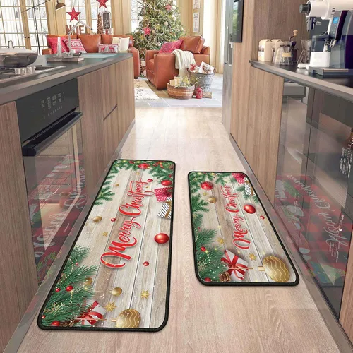 2 tapetes de cocina de Navidad para piso, tapete antideslizante para decoración de cocina, juego de alfombras de cocina antifatiga con corredor de