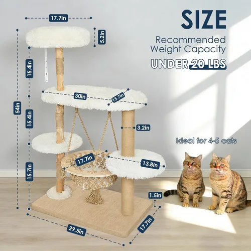 Miniatura 2 de Árbol de madera maciza para gatos de interior, torre moderna de varios niveles para gatos de 54 pulgadas con cesta colgante, postes rascadores