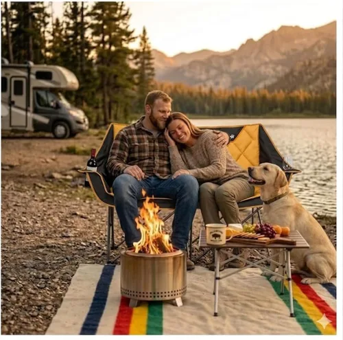 Miniatura 2 de EMERIT Silla de camping doble de gran tamaño, plegable, sofá de dos plazas para 2 personas, sillas de césped resistentes para exteriores con Naranja