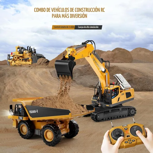 Miniatura 5 de KIDMARKT Excavadora de juguete con control remoto para niños Camión de construcción de metal de 11 canales con luces, 2 baterías de 1200 mAh
