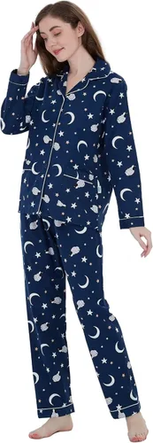 Miniatura 3 de GLOBAL Conjunto de pijama de franela para mujer, 100% algodón, pijama de manga larga con botones, ropa de descanso cálida