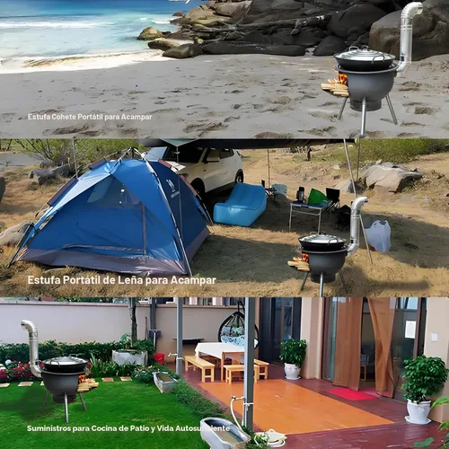 Miniatura 6 de Estufa de leña multifunción con parrilla, parrilla de carbón portátil grande, estufa de cohete de camping para cocinar al aire libre/patio trasero