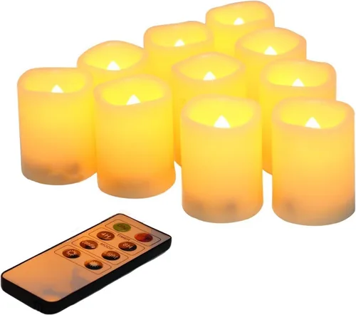 Velas votivas sin llama con control remoto y temporizador, juego de 10 velas de té LED realistas parpadeantes para exteriores, funciona con pilas