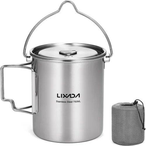 LIXADA Taza para acampar, taza de agua de acero inoxidable de 25.4 fl oz con asas plegables y tapa para acampar al aire libre, senderismo, mochilero