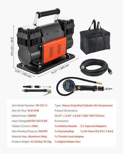 Miniatura 7 de VEVOR Compresor de aire resistente de doble cilindro, inflador de neumáticos portátil de 10.6CFM, bomba de aire todoterreno de 12 V 150 PSI