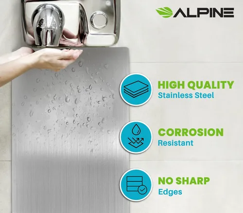 Miniatura 7 de Alpine - Protector de pared para secador de manos de acero inoxidable para baño, cocina y oficina con adhesivo 3M resistente, fácil de limpiar