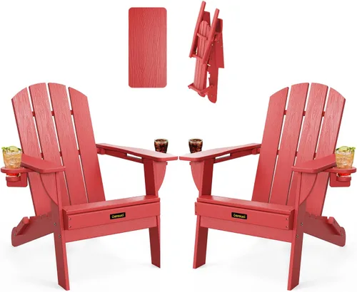 Miniatura 24 de Silla Adirondack Plegable, Sillas Adirondack de Plástico con Textura de Madera con 2 Portavasos, Silla para Hoguera de HDPE Resistente a