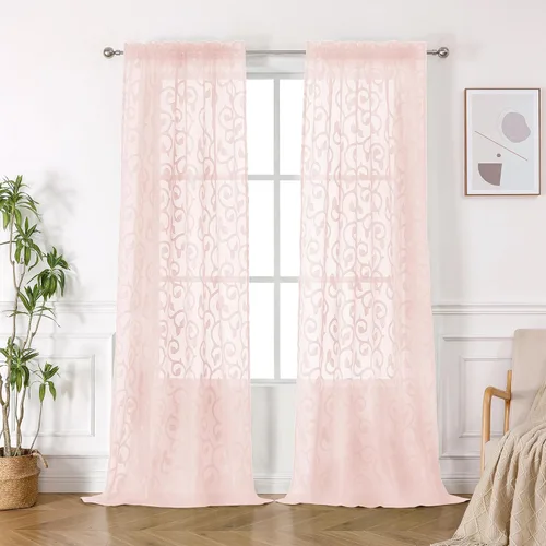 Miniatura 62 de OWENIE Furman - Juego de 2 paneles de cortinas traslúcidas negras de 24 pulgadas de largo, cortinas semitransparentes de jacquard ligeras y aireadas