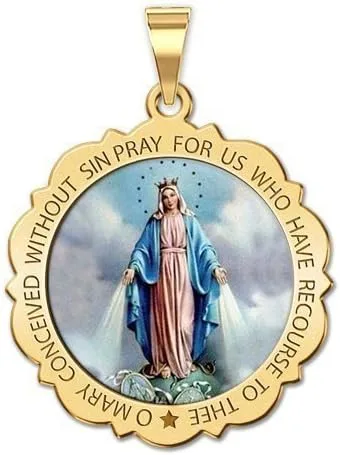Miniatura 6 de Picturesongoldcom Collar con medalla milagrosa católica Virgen María colgante redondo para mujeres y hombres hecho en oro amarillo o blanco de 10
