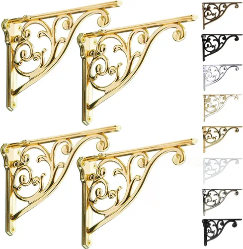 Miniatura 59 de Soportes de estante de 4 pulgadas, paquete de 4 soportes de pared de latón antiguo de alta resistencia, estantes decorativos de cocina victoriana