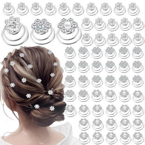 Miniatura 11 de Juego de 60 piezas de gemas con diamantes de imitación giratorios, horquillas para el cabello con diamantes en espiral, perlas y flores, pasadores