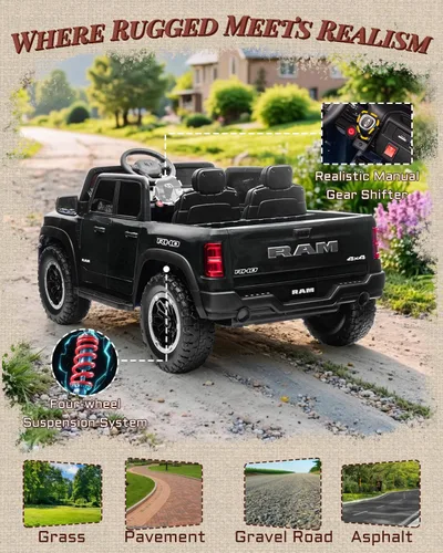 Miniatura 8 de Vehículos de paseo de 24 V para niños grandes, RAM 1500 RHO eléctrico con licencia para niños con control remoto, camión de paseo con Bluetooth
