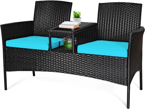 Miniatura 11 de Tangkula Sofá biplaza de ratán para exteriores, juego de conversación para patio con cojines y mesa, moderno juego de sofá de mimbre patentado