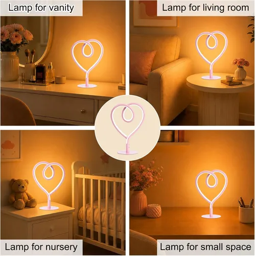 Miniatura 2 de Lámpara de Mesa Rosa, Lámpara de Escritorio Corazón Ajustable Sin Escalas 3CCT 2700K/4000K/6500K con Adaptador USB, Pequeña Lámpara de Noche