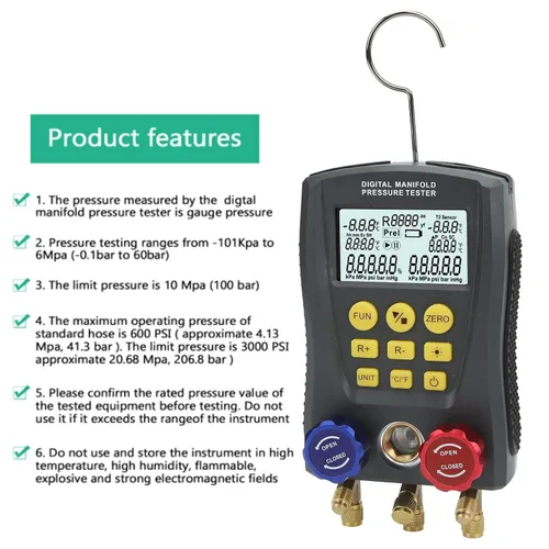 Miniatura 3 de Manómetro digital universal HVAC – Probador de presión y temperatura de vacío de alta precisión con agarre cómodo inteligente para sistemas de aire
