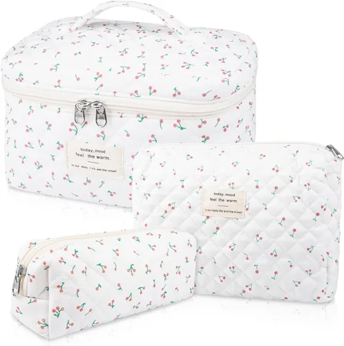 Miniatura 21 de Set de bolsas de maquillaje, bolsa de maquillaje acolchada, bolsa de cosméticos floral grande para mujeres, lindas bolsas de maquillaje de algodón