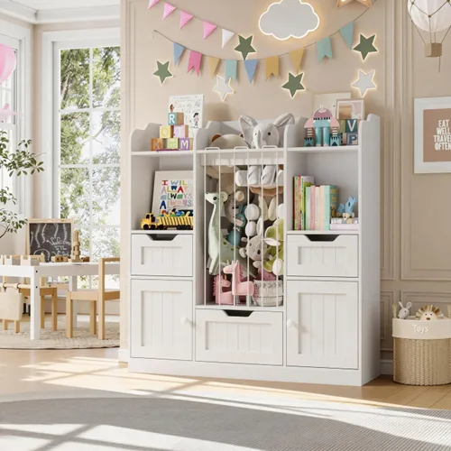 Miniatura 8 de Vabches Organizador de almacenamiento de juguetes de 70 pulgadas, estantería para niños en forma de castillo con 2 cajones extraíbles, 2 gabinetes