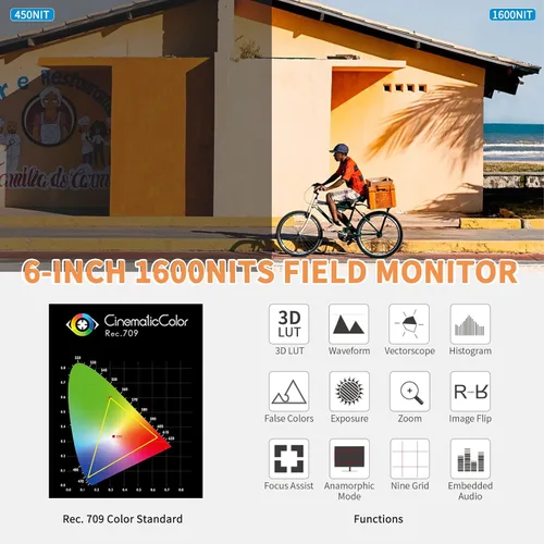 Miniatura 2 de FEELWORLD Monitor de campo de cámara de 6 pulgadas 1600Nit, Full HD1920x1080IPS 3D LUT forma de onda Vector Scope Monitor de video 4K HDMI