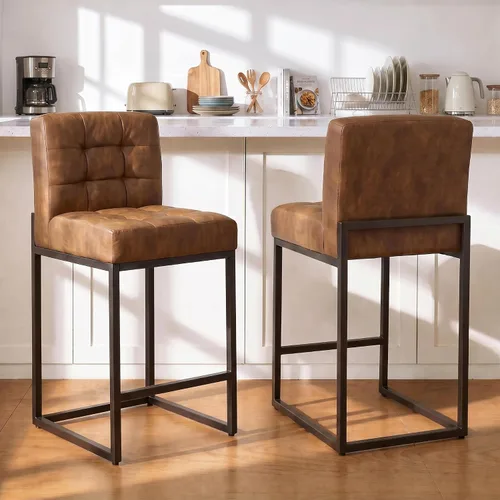 Miniatura 9 de GrandNoor Juego de 2 taburetes de bar modernos de piel sintética beige de 25 pulgadas con patas traseras de metal resistentes, cableado a cuadros