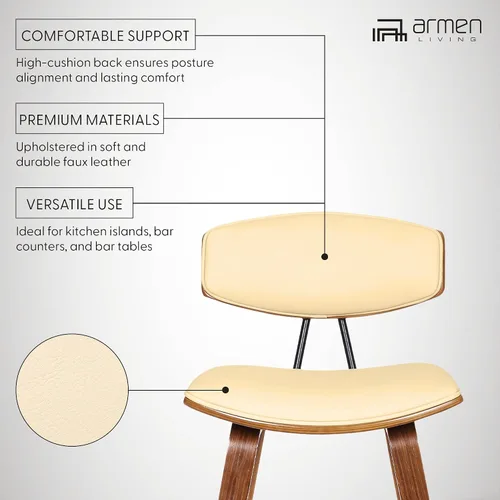 Miniatura 4 de Armen Living Fox - Taburete de bar moderno de mediados de siglo de piel sintética color crema y madera de nogal de 25.5 pulgadas Piel sintética