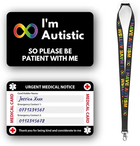 Miniatura 11 de Tarjeta médica de concientización no verbal para autismo, autista, con panel para escribir y cordón con patrón de autismo con tarjetero impermeable