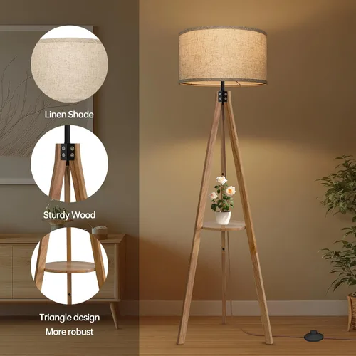 Miniatura 3 de EOEYYOYB Lámparas de pie para sala de estar, lámpara de pie moderna con estante, bombilla LED de 3 temperaturas de color, lámparas altas con Madera
