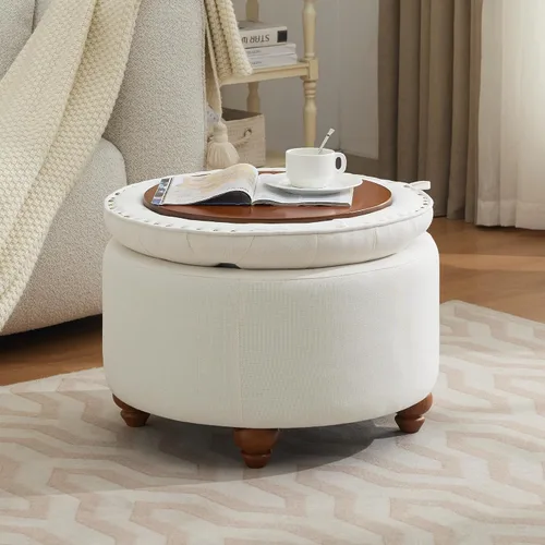 Miniatura 7 de WUTUTUEE Otomana redonda de almacenamiento de 24 pulgadas con bandeja, mesa de café circular tapizada moderna con almacenamiento, otomana tapizada