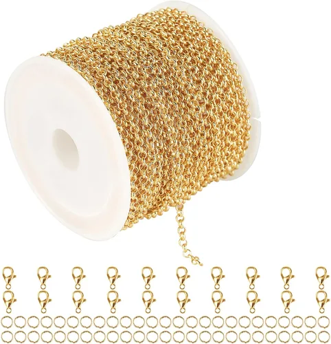 Cadena para hacer joyas de latón chapado en oro 18K, 32.8 ft de cadenas Rolo circulares a granel con 50 anillos de salto + 20 cierres de langosta,