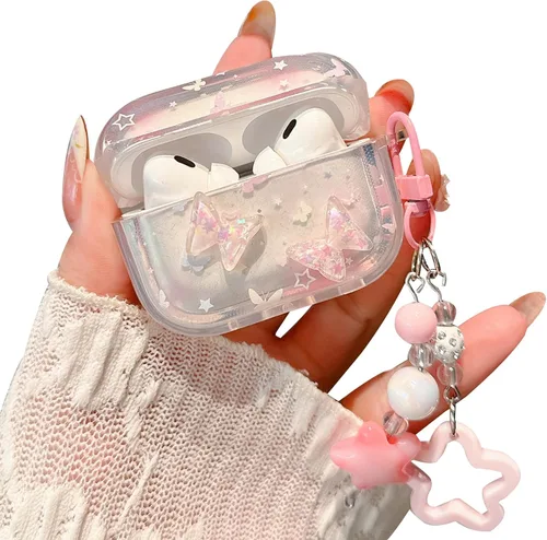 Funda para Airpod Pro 2, bonita mariposa con purpurina 3D con llavero de estrella, funda protectora de TPU transparente compatible con AirPods Pro