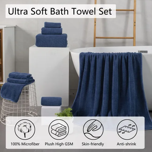 Miniatura 2 de Juego de 8 piezas de toallas de baño azul marino de gran tamaño - 2 toallas grandes de baño, 2 toallas de mano, 4 paños de baño de 600 GSM, suaves