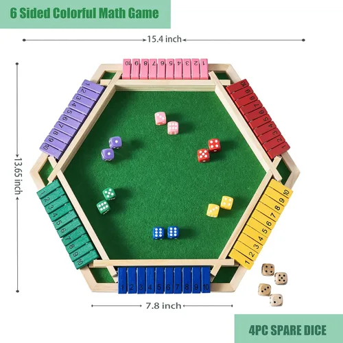 Miniatura 3 de Vamslove - Juego "Shut The Box" para 6 jugadores con 12+4 dados - Juego de mesa de madera de 6 lados colorido con números matemáticos para niños