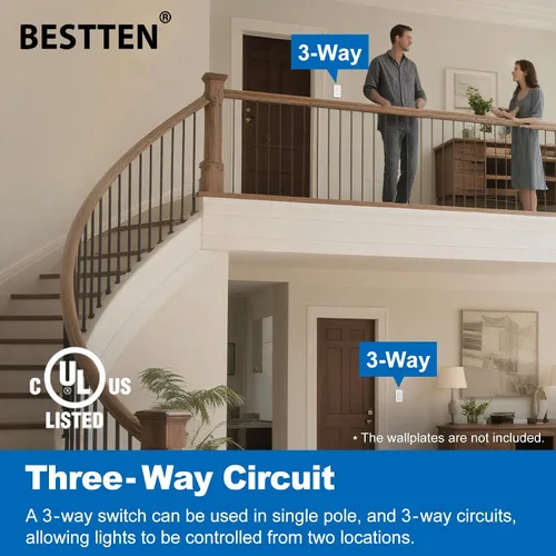 Miniatura 4 de BESTTEN Paquete de 10 interruptores de luz decorativa de 3 vías, 15 A, 120/277 V, un solo polo o tres vías, interruptor de pared de paleta