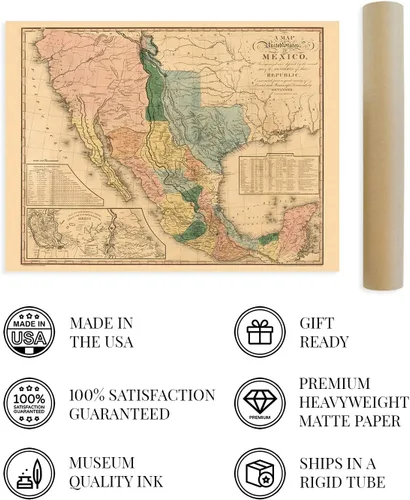 Miniatura 4 de HISTORIX Vintage 1846 Mapa de Estados Unidos de México, arte histórico de pared de 18 x 24 pulgadas, mapa antiguo de los Estados de México