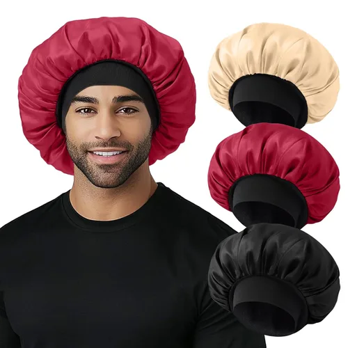 Miniatura 12 de Gorro para hombre, gorro de doble capa para dormir, gorro de dormir ajustable con banda elástica, gorros de satén de seda para trenzas de cabello