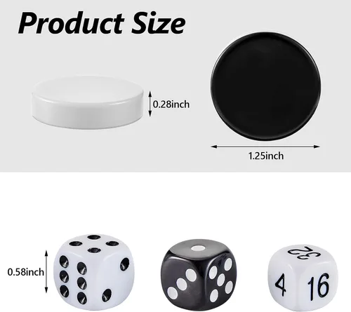 Miniatura 2 de Skylety 30 piezas de backgammon piezas de damas, 1.25 pulgadas de repuesto de fichas de juego de mesa con 5 dados (negro y blanco)