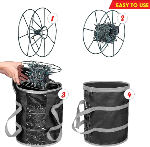 Miniatura 4 de ProPik Bolsa de almacenamiento de luz de Navidad Organizador de almacenamiento de luz navideña con 3 carretes de metal para luces de árbol