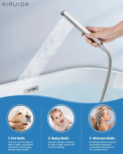 Miniatura 4 de Airuida Grifo de Bañera de Montaje en Pared con Caño de Cascada para Bañera, Grifo de Bañera Montado en la Pared con Ducha de Mano, Mango Único