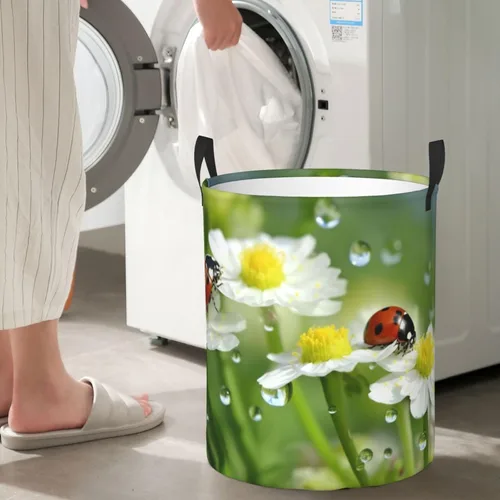Miniatura 7 de Summer Ladybird Flowers print Circular Hamper Waterproof Storage Bin Organizer Basket Laundry Hamper With Handles For Clothes Toys Small