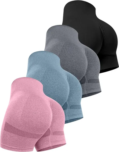 Miniatura 14 de CHRLEISURE Pantalones Cortos de Entrenamiento para Mujer, 4 Paquetes, Cintura Alta, Levantamiento de Glúteos con Fruncido, Pantalones Cortos Booty